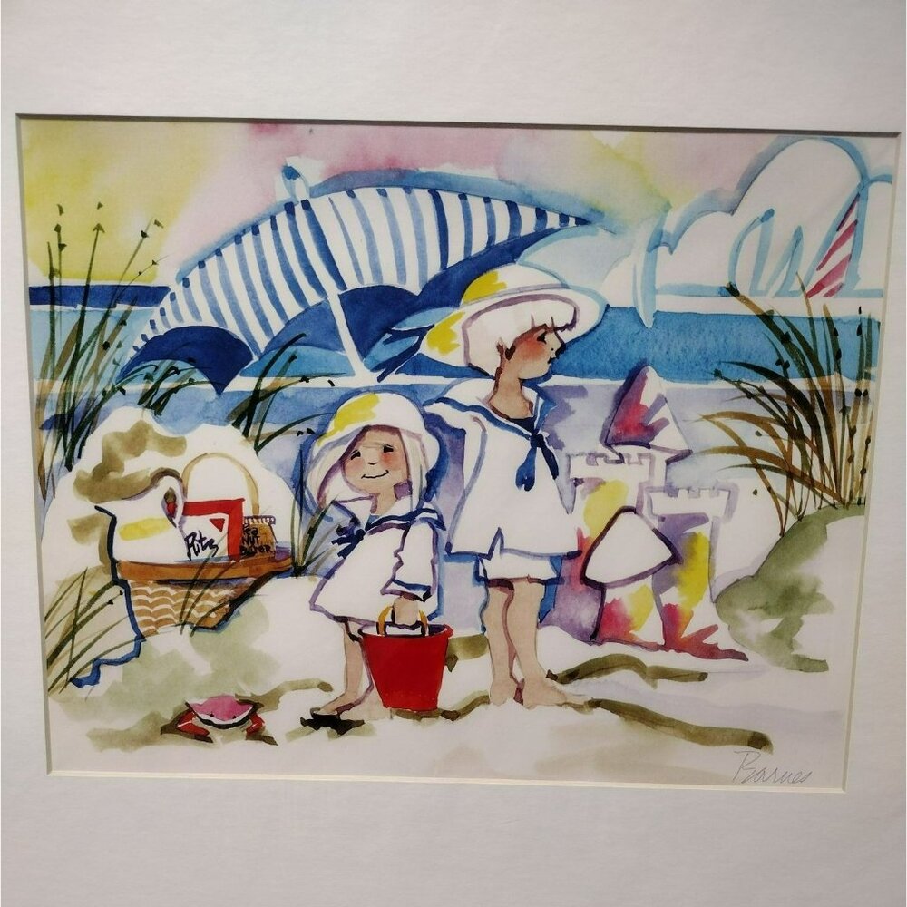 Signed Art Print by Diana Barnes, Matted Watercolor Artwork, Children on Beach - Picture 2 of 6